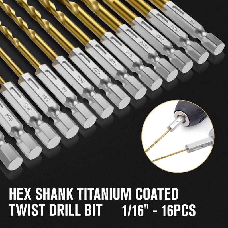 MACXCOIP Hex Shank Drill Bit Set, 16Pcs 1/16"" HSS Titanium Twist Drill Bit for Sheet Metal, Wood, Plastic, Quick Change Design - Image 4